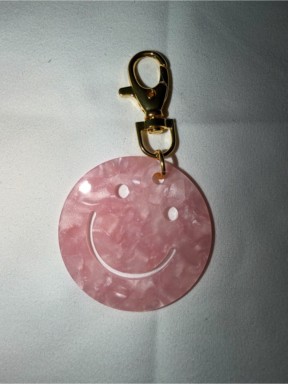 Pink Smiley Face Acrylic Keychain with Gold Clip